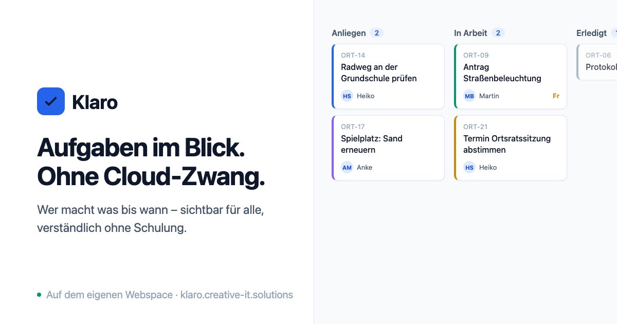 Klaro: Aufgaben-Board mit den Spalten Anliegen, In Arbeit und Erledigt