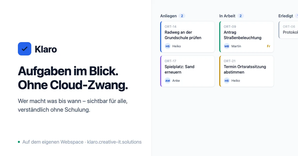 Klaro: Aufgaben-Board mit den Spalten Anliegen, In Arbeit und Erledigt