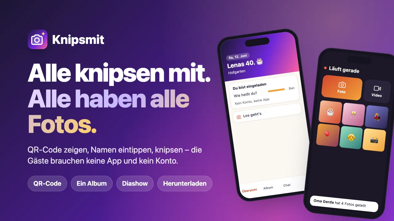 Knipsmit: Gäste einer Feier teilen ihre Fotos per QR-Code in einem gemeinsamen Album