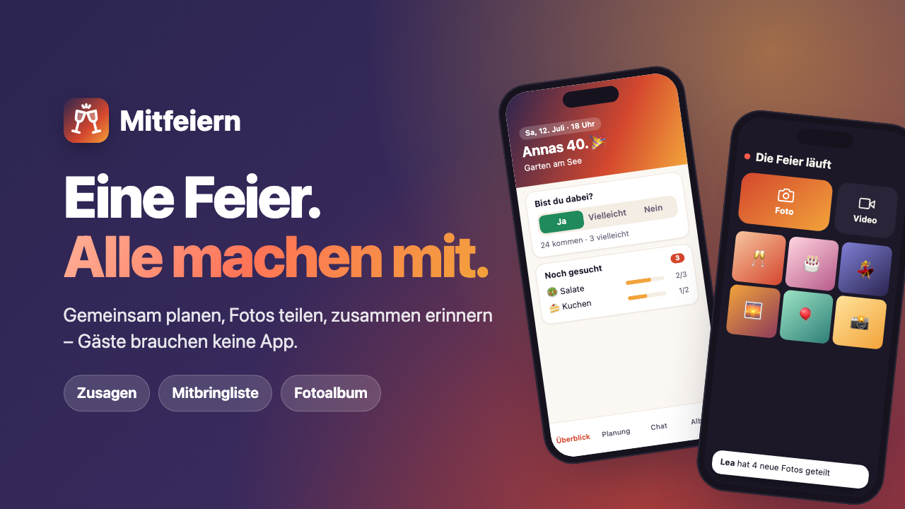 Mitfeiern: Feier planen mit Zusagen, Aufgaben und gemeinsamem Fotoalbum