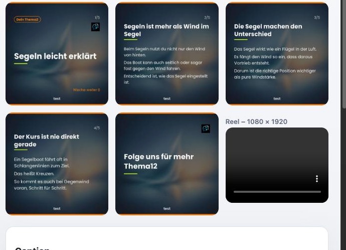 Das Ergebnis: fünf erzeugte Karussell-Folien und daneben das Reel im Format 1080 × 1920.