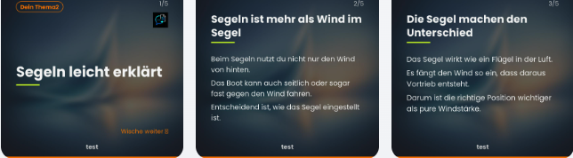 Drei fertige Karussell-Folien nebeneinander: Titelfolie und zwei Inhaltsfolien.