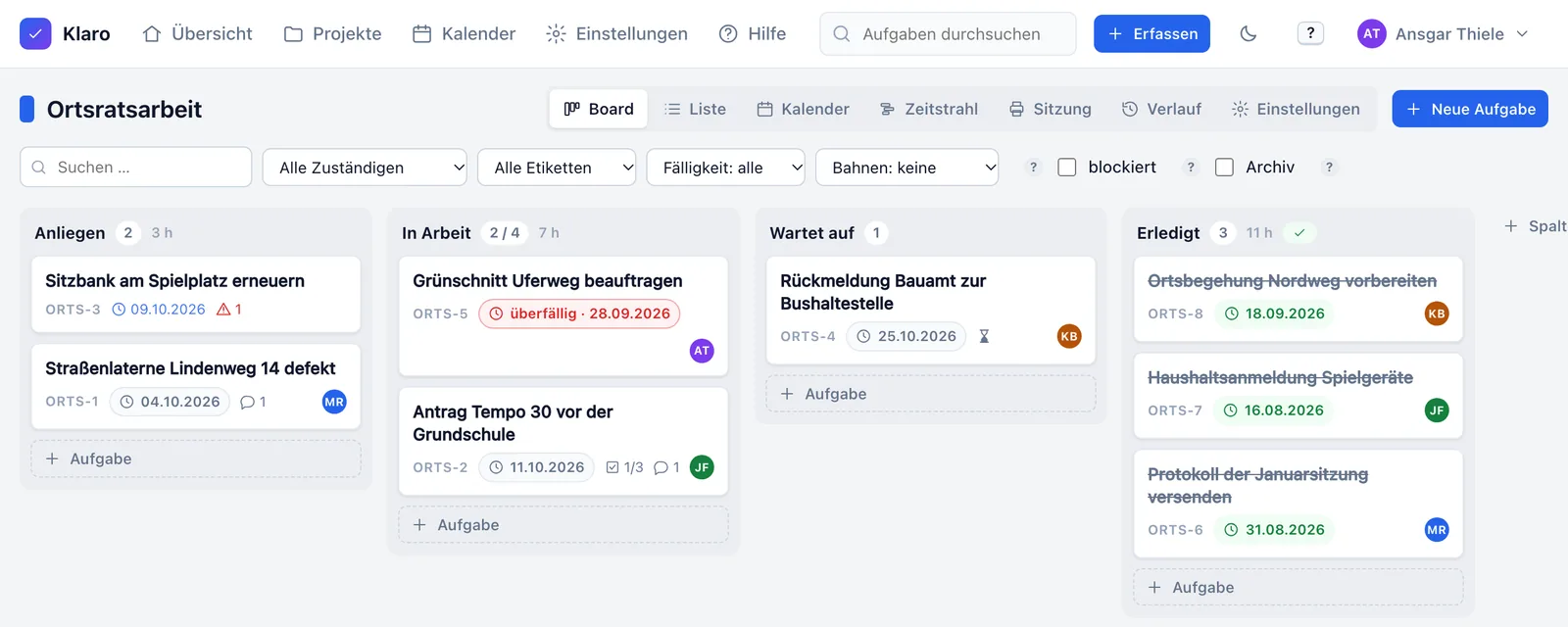 Das Board eines Ortsrats: Spalten Anliegen, In Arbeit, Wartet auf und Erledigt, jede Karte mit Nummer, Termin und zuständiger Person