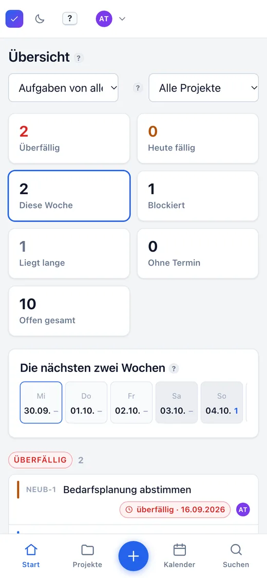 Klaro auf dem Telefon: die Übersicht mit Kacheln für Überfälliges, Heutiges und diese Woche, unten die Navigation am Daumen